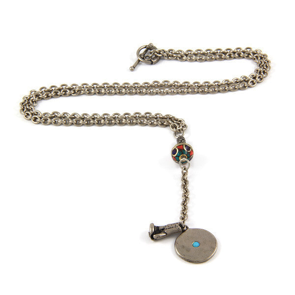 Mens Boxing Glove and Disc Charm Tribal Bead Necklace