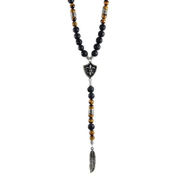 3 of a Kind Bead Combination Necklace with Fleur De Lys Shield and Feather