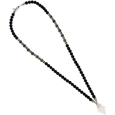 Russian Serpentine and Lava Bead Necklace with Small Collar Round Bead with Hamsa