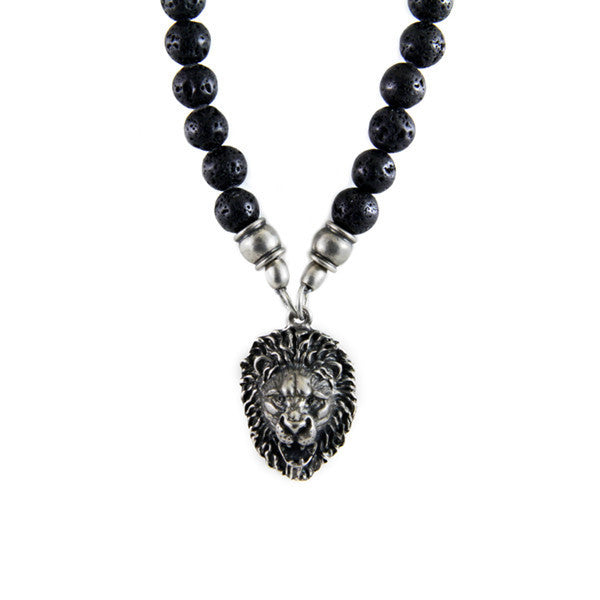 Jasper and Lava Bead Necklace with Small Collar Round Bead with Lion Head