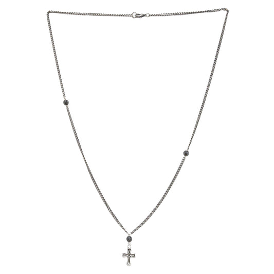 Silver Ox Chain Necklace with Hematite Stones and Silver Cross