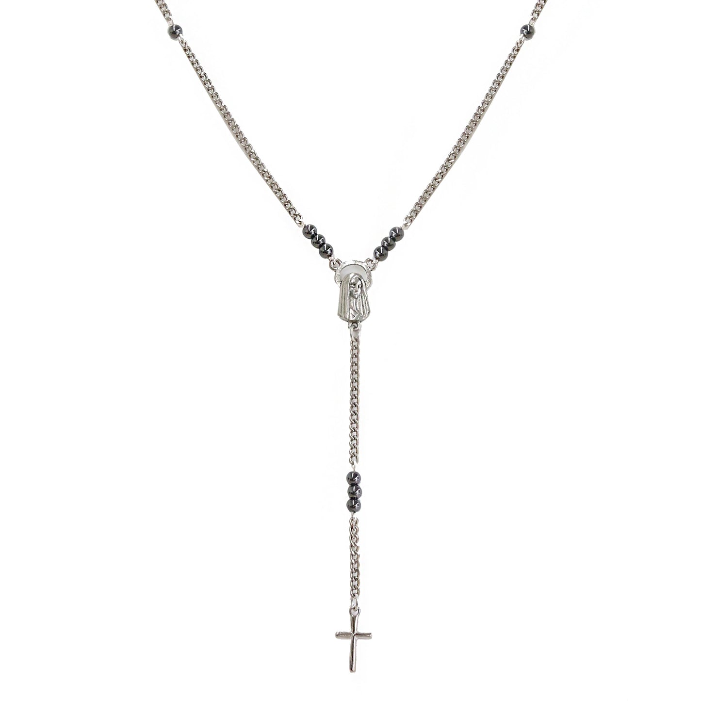 Silver Ox Chain Lariat Necklace with Hematite Stones and Religious Charms