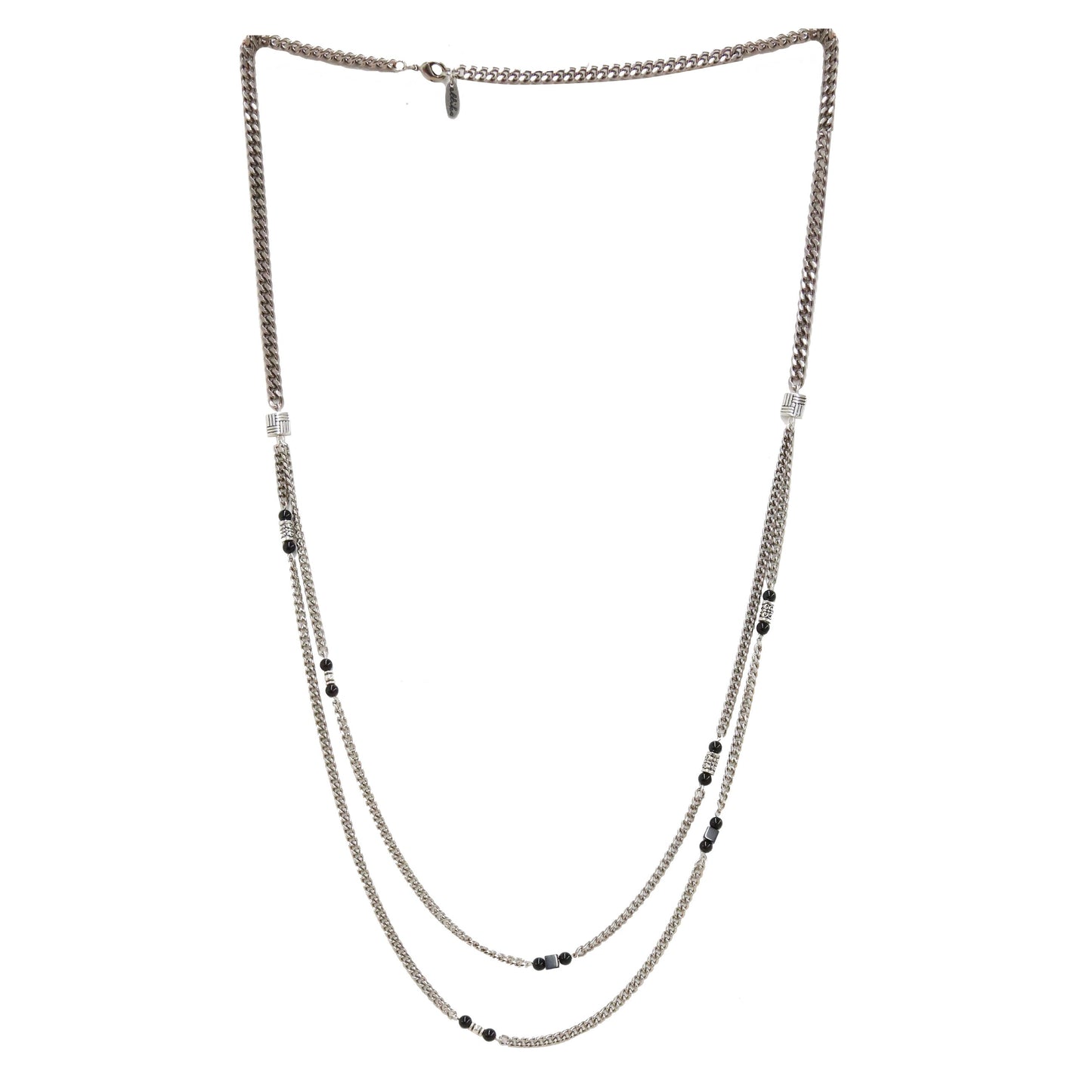 Layered Silver Ox Chain Necklace with Onyx Beaded Details