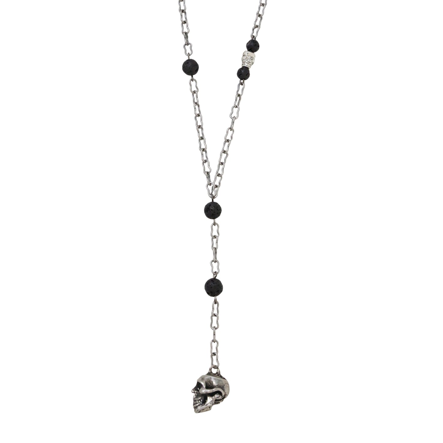 Silver Ox Chain Lariat with Lava Beads and Skull Charm