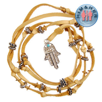 Hamsa and Beads Deerskin Leather Necklace