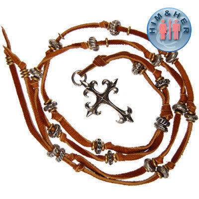 Gothic Cross and Beads Deerskin Leather Necklace