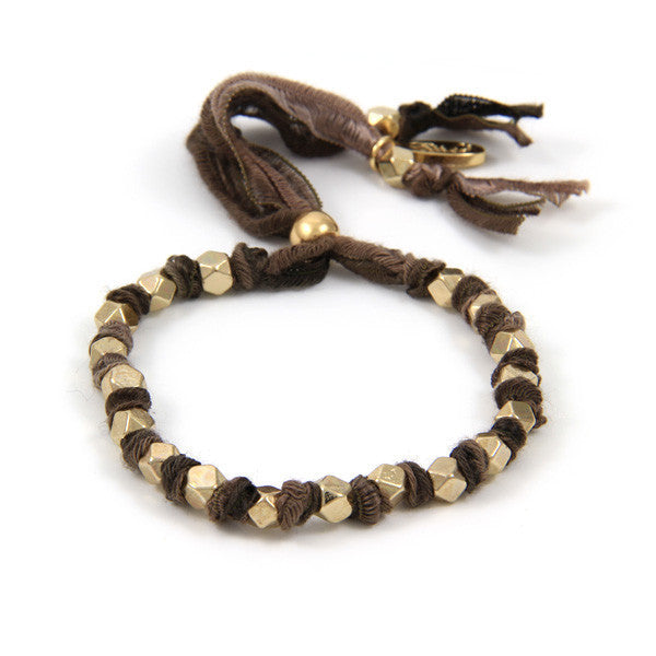 Adjustable Gold Beaded Multi Brown Vintage Ribbon Bracelet