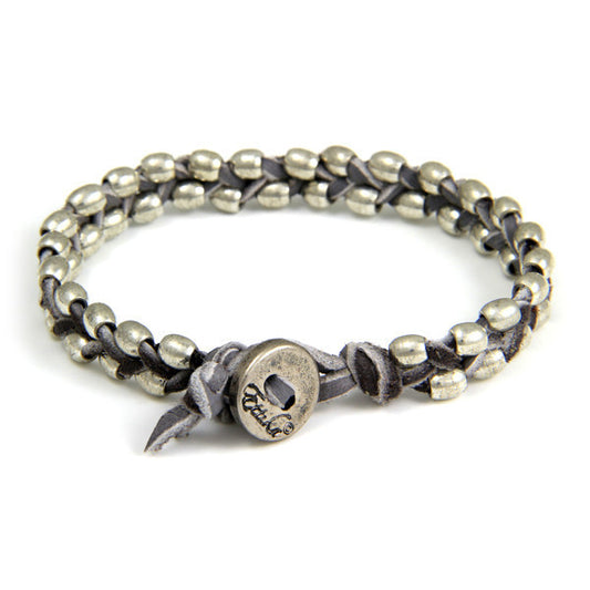 Double Silver Barrel Bead Mens Bracelet on Grey Leather