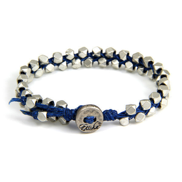Double Silver Faceted Bead Mens Bracelet on Blue Waxed Linen