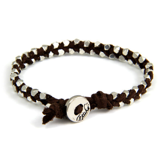 Double Silver Faceted Bead Mens Bracelet on Brown Leather