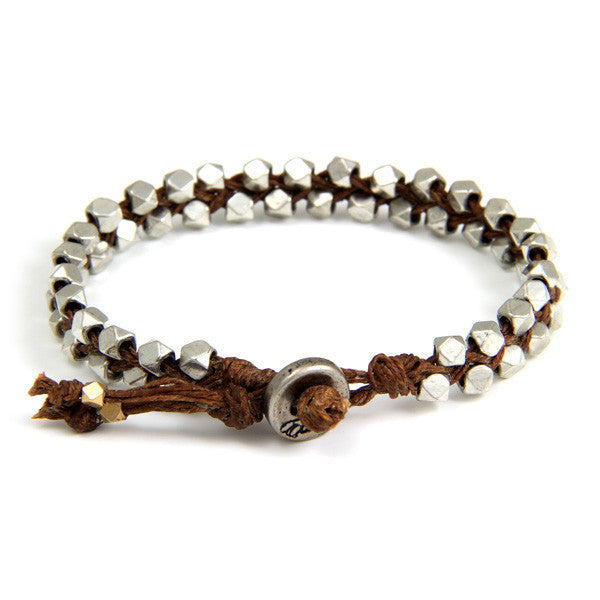 Double Silver Faceted Bead Mens Bracelet on Brown Waxed Linen