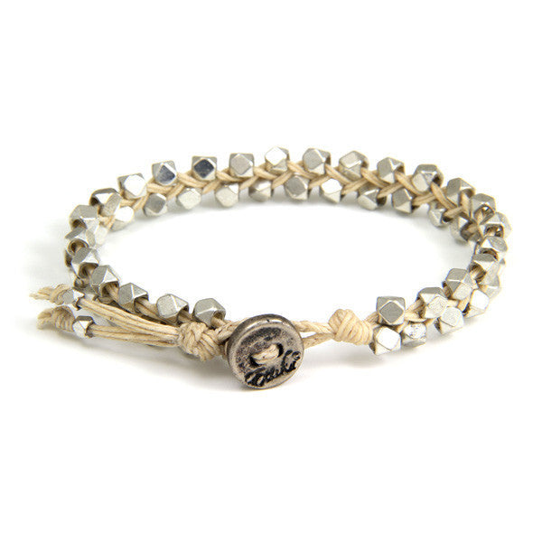 Double Silver Faceted Bead Mens Bracelet on Cream Waxed Linen