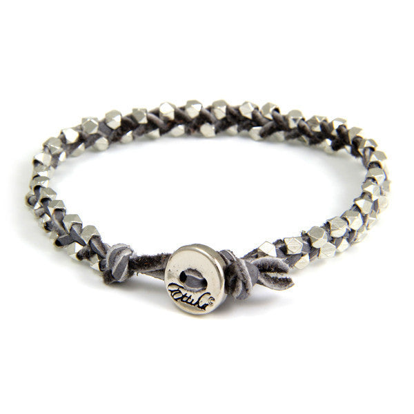 Double Silver Faceted Bead Mens Bracelet on Grey Leather