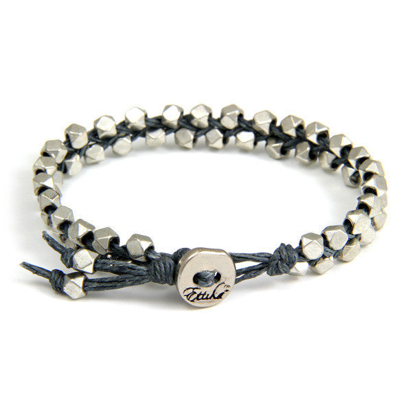 Double Silver Faceted Bead Mens Bracelet on Grey Waxed Linen