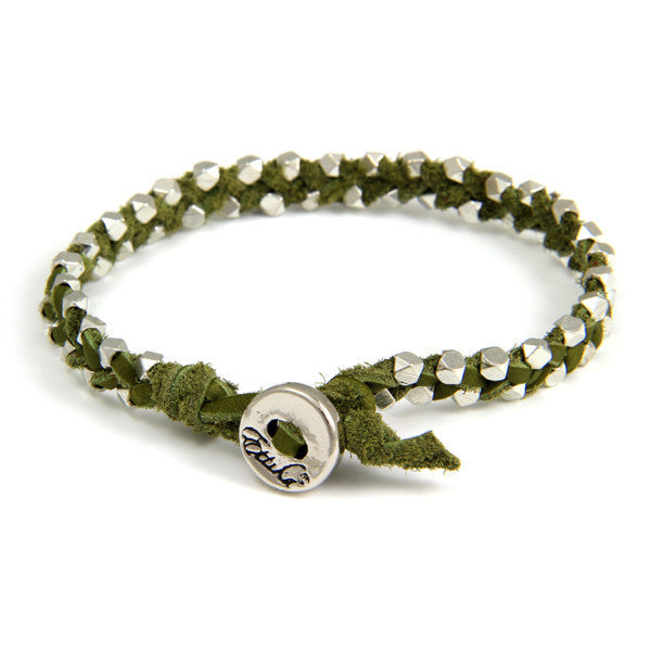 Double Silver Faceted Bead Mens Bracelet on Olive Leather