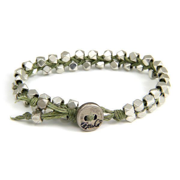 Double Silver Faceted Bead Mens Bracelet on Olive Waxed Linen