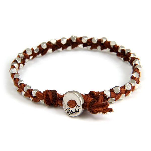 Double Silver Faceted Bead Mens Bracelet on Rust Leather