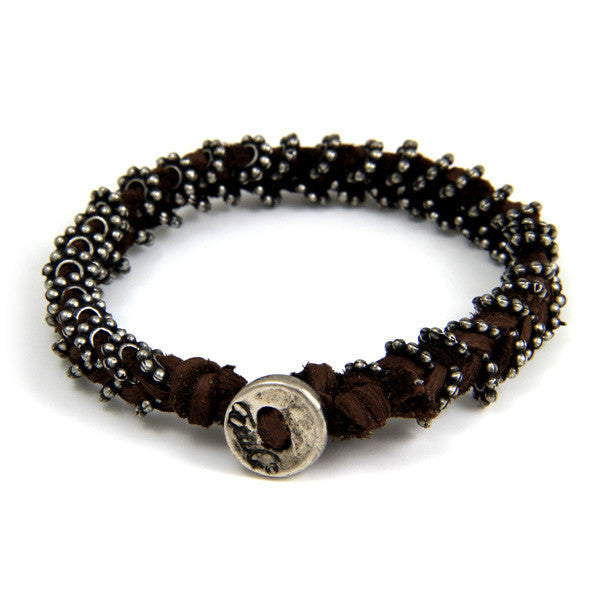 Double Silver Spacer Bead Mens Bracelet on Brown Leather