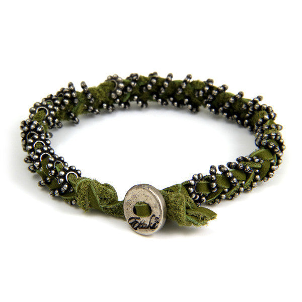 Double Silver Spacer Bead Mens Bracelet on Olive Leather