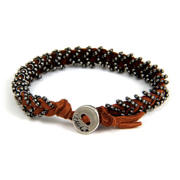 Double Silver Spacer Bead Mens Bracelet on Rust Leather