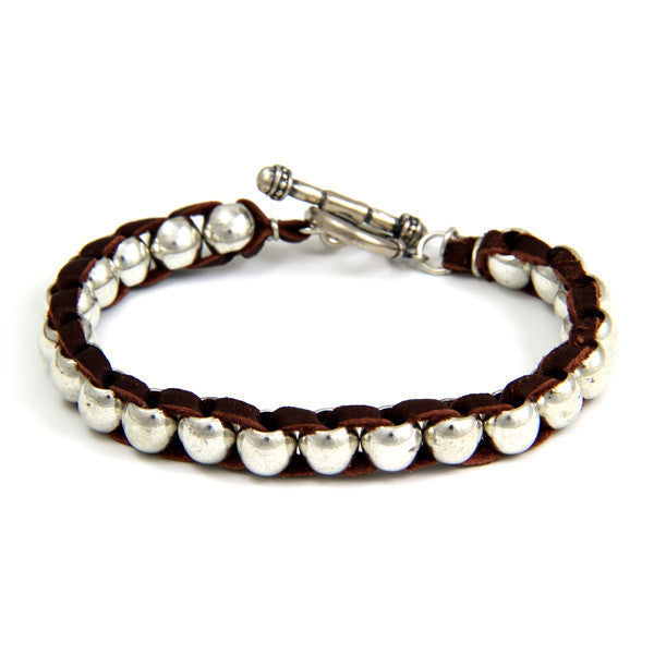 Intertwined Silver Barrel Bead Mens Bracelet on Brown Leather