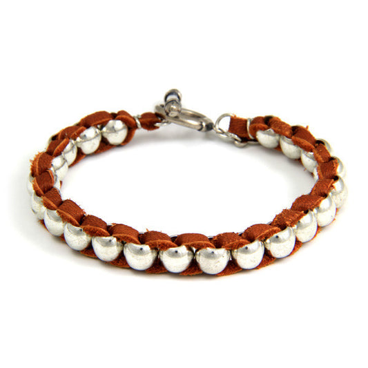 Intertwined Silver Barrel Bead Mens Bracelet on Rust Leather