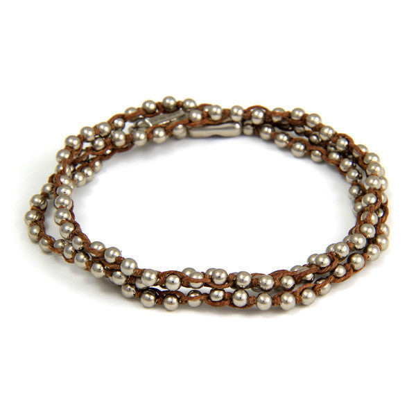 Triple Wrap Brown Waxed Linen on Silver Ball Chain Bracelet