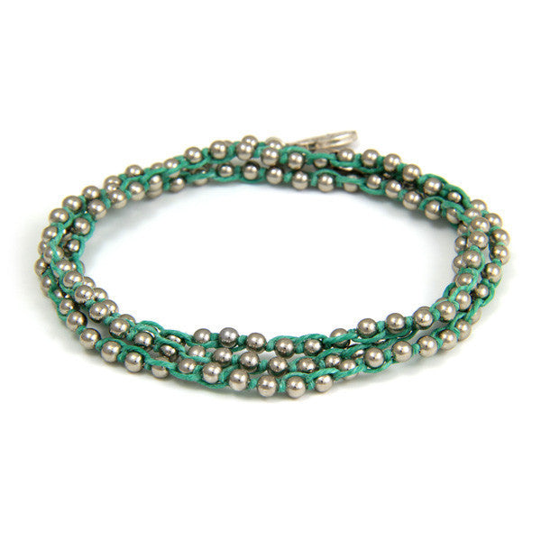 Triple Wrap Green Waxed Linen on Silver Ball Chain Bracelet