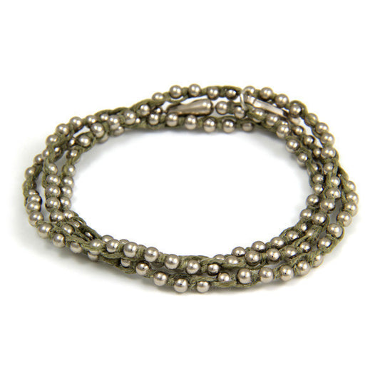 Triple Wrap Olive Waxed Linen on Silver Ball Chain Bracelet