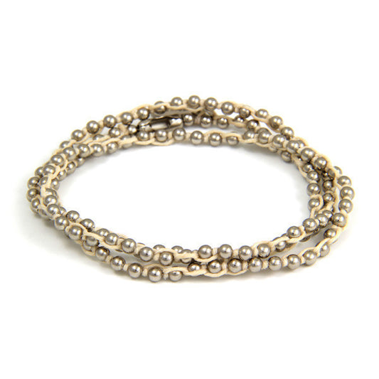 Triple Wrap Tan Waxed Linen on Silver Ball Chain Bracelet