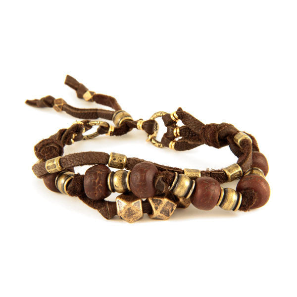 Brown Multi Strand Lamb Leather Bracelet with Bodhi Seed and Metal Beads