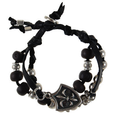 Multi Bead Deerskin Leather Bracelet with Fleur De Lys Shield
