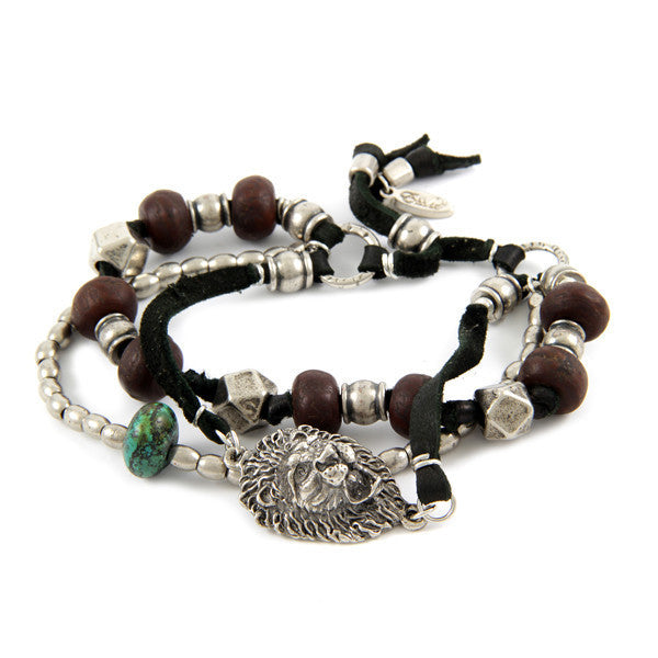 Multi Bead Black Deerskin Leather Bracelet with Turquoise Bead Nugget and Lion Head Charm