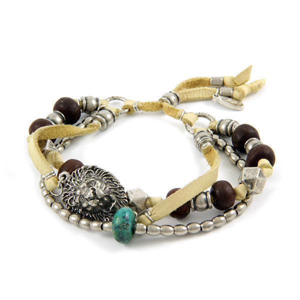 Multi Bead Tan Deerskin Leather Bracelet with Turquoise Bead Nugget and Lion Head Charm