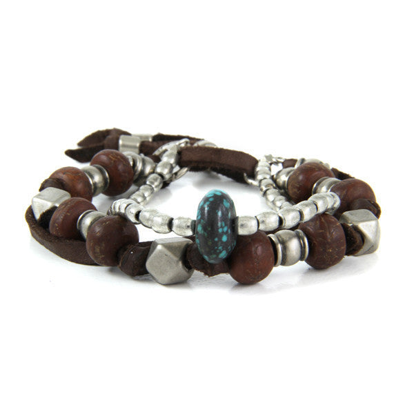 Multi Bead Deerskin Leather Bracelet with Turquoise Bead Nugget and Shield Charm
