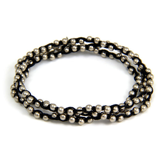 Triple Wrap Black Waxed Linen on Silver Ball Chain Bracelet