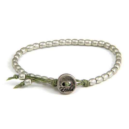 Tiny Barrel Bead Bracelet on Olive Waxed Linen
