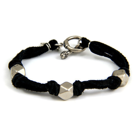 Silver Triple Beaded Men's Black Deerskin Leather Bracelet