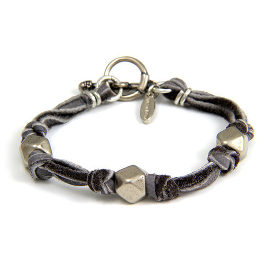 Silver Triple Beaded Men's Grey Deerskin Leather Bracelet