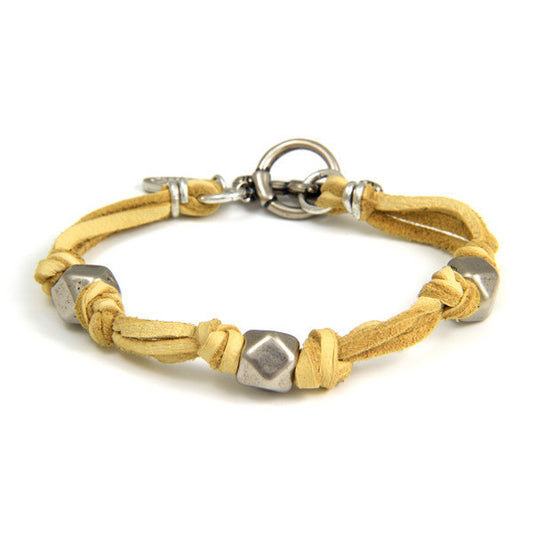 Silver Triple Beaded Men's Tan Deerskin Leather Bracelet