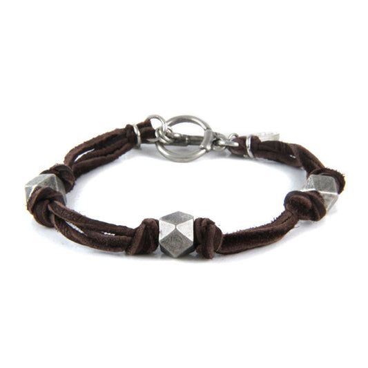 Silver Triple Beaded Men's Brown Deerskin Leather Bracelet