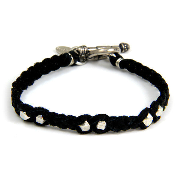 Silver Faceted Bead Men's Black Braided Bracelet