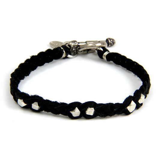 Silver Faceted Bead Men's Black Braided Bracelet