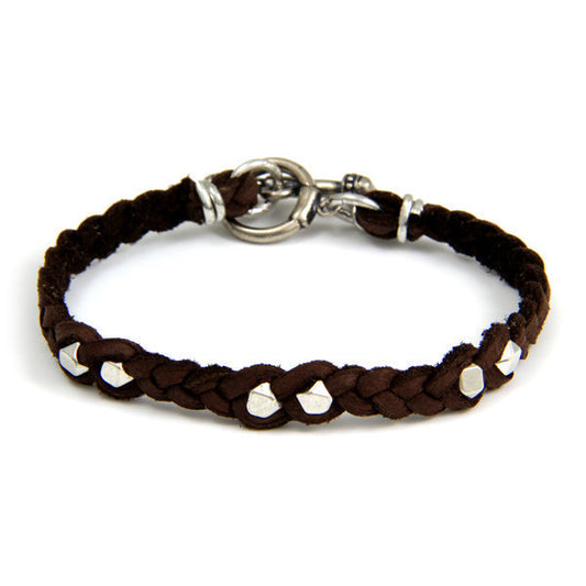 Silver Faceted Bead Men's Brown Braided Bracelet