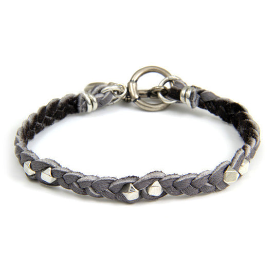Silver Faceted Bead Men's Grey Braided Bracelet