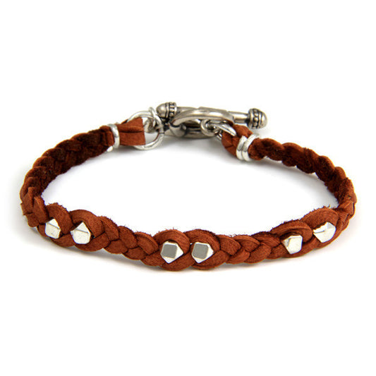 Silver Faceted Bead Men's Rust Braided Bracelet