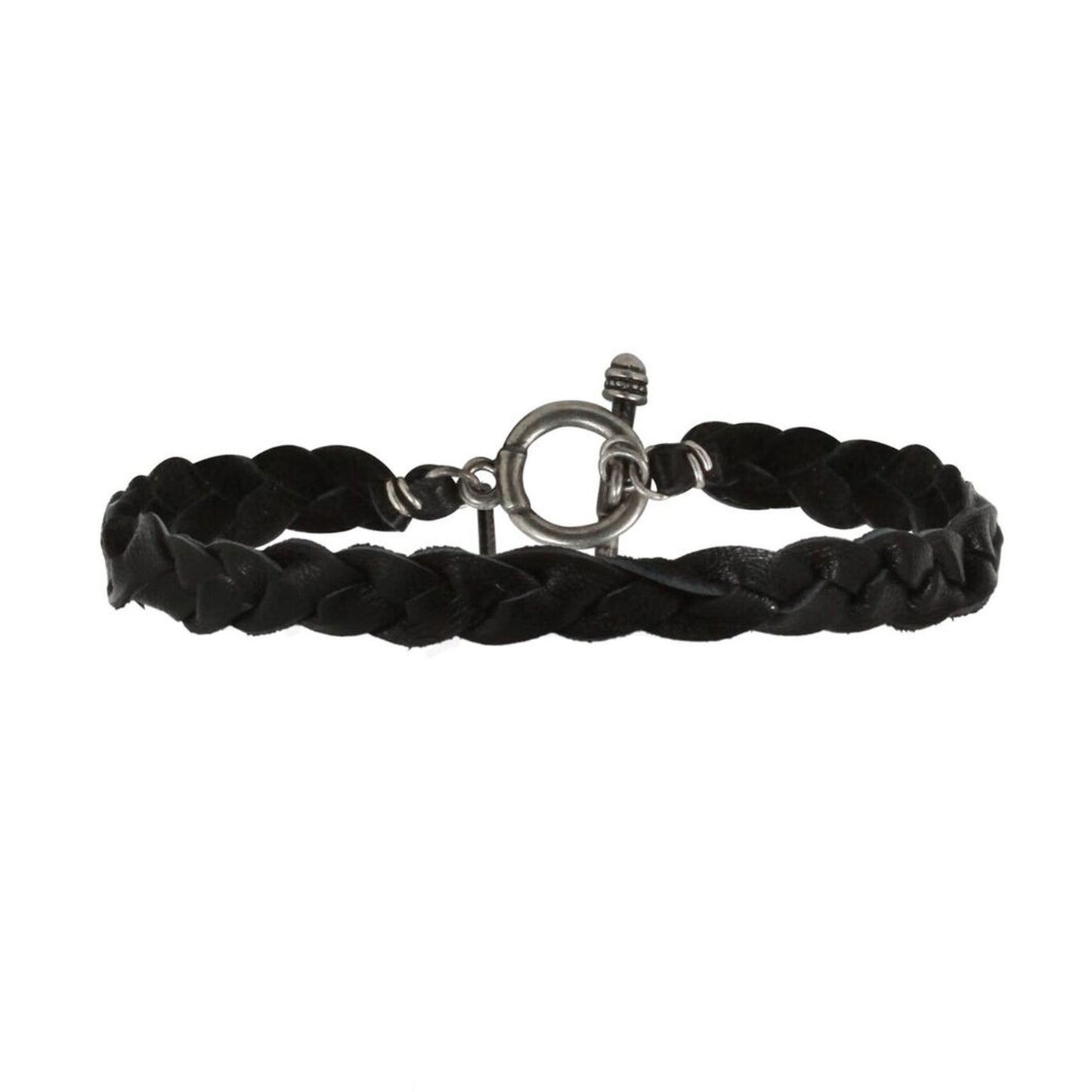 Black Leather Braided Bracelet with Silver Closure
