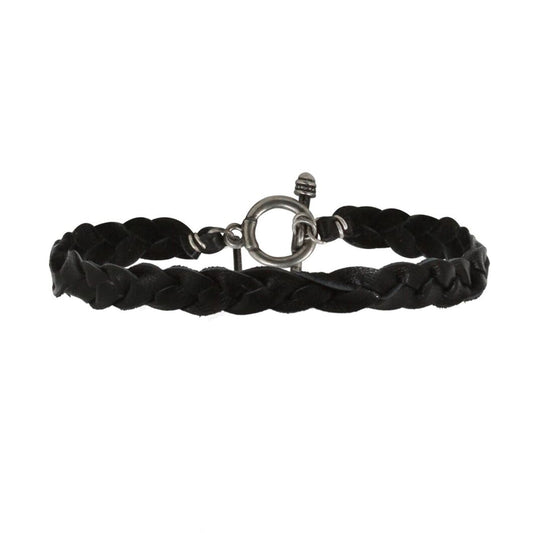 Black Leather Braided Bracelet with Silver Closure