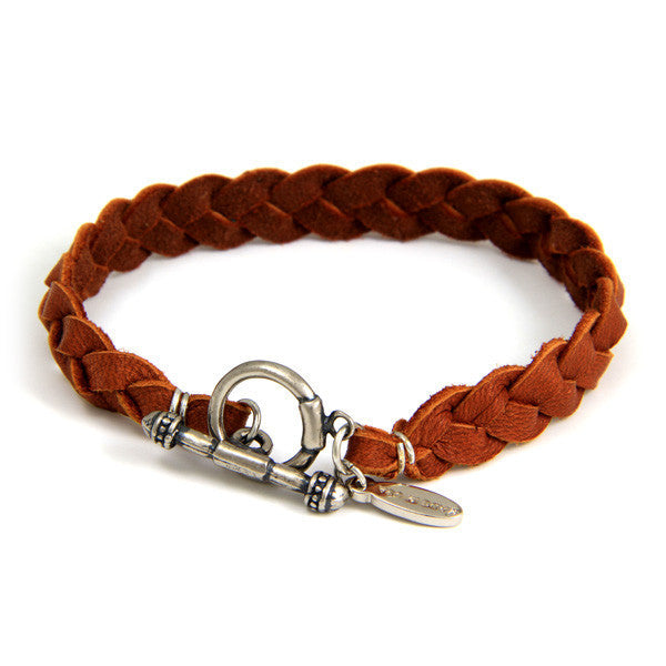Rust Braided Men's Deerskin Leather Bracelet with Silver Toggle