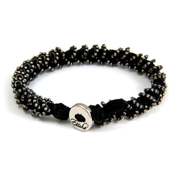 Double Silver Spacer Bead Mens Bracelet on Black Leather